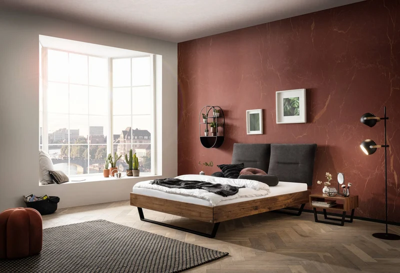 Hasena Totti Massivholzbett Bergamo in Nussbaum mit schwarzen Metallkufen
