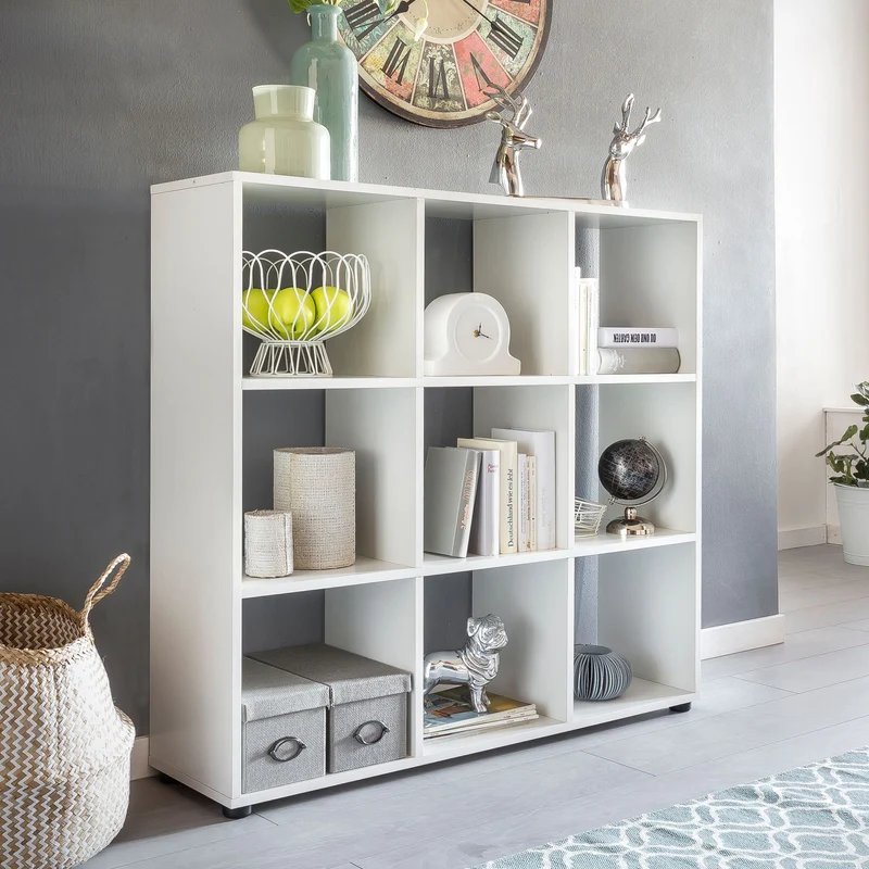 Bücherregal 9 Fächer Weiß 108x104x29cm Holz Raumteiler modern