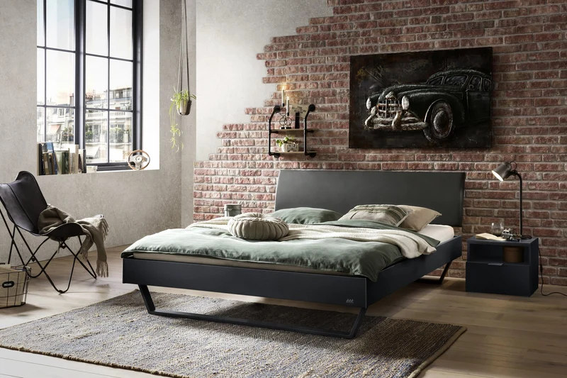 Hasena Polsterbett Clyo Anthrazit mit Kufen und Bezug Pace grey