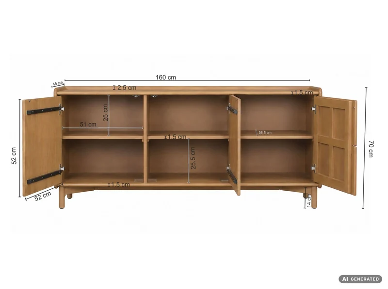 Sideboard Mango Massivholz 160 cm, Anrichte mit Push-to-Open-System
