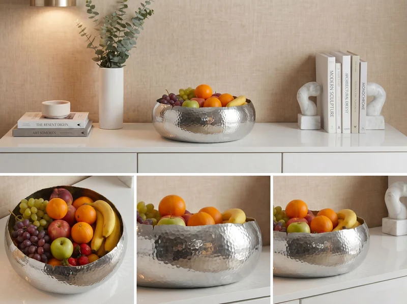 Obstschale Rund Silber 35 cm aus Aluminium mit Hammerschlag-Optik