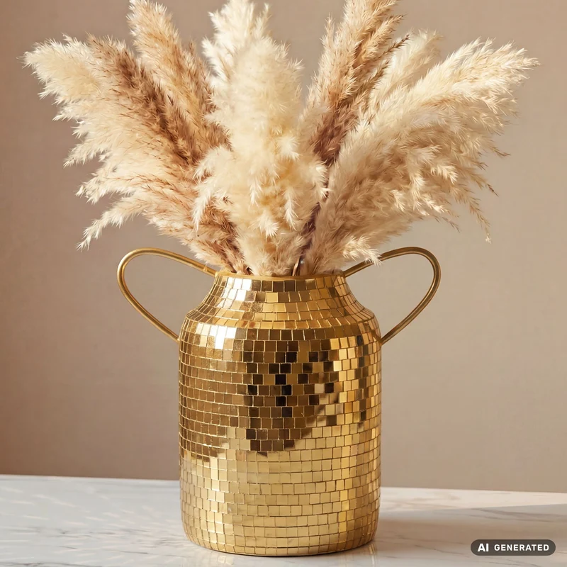 Tischvase Aluminium Gold 32 cm im Mosaik-Disco-Design mit Henkel