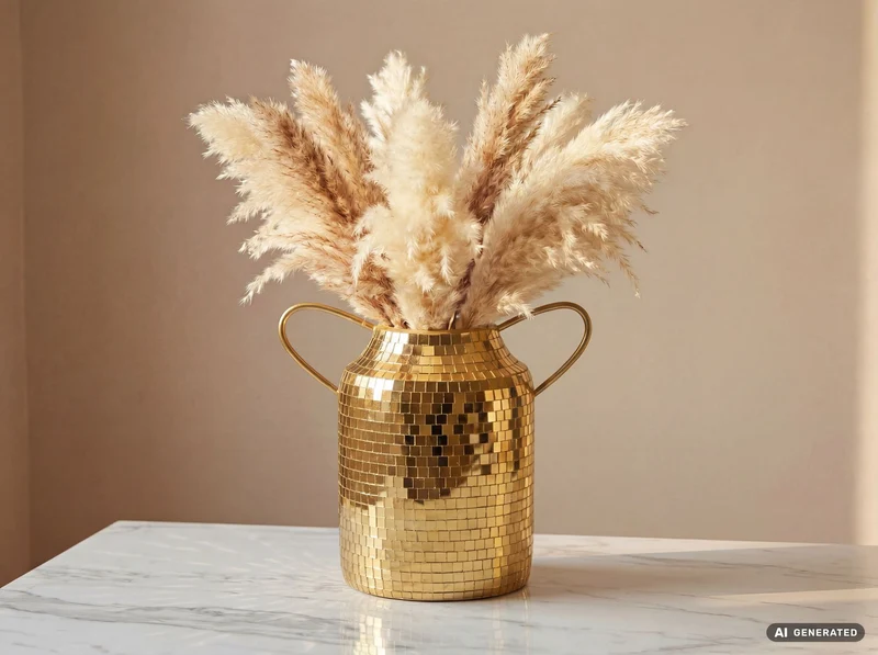 Tischvase Aluminium Gold 32 cm im Mosaik-Disco-Design mit Henkel