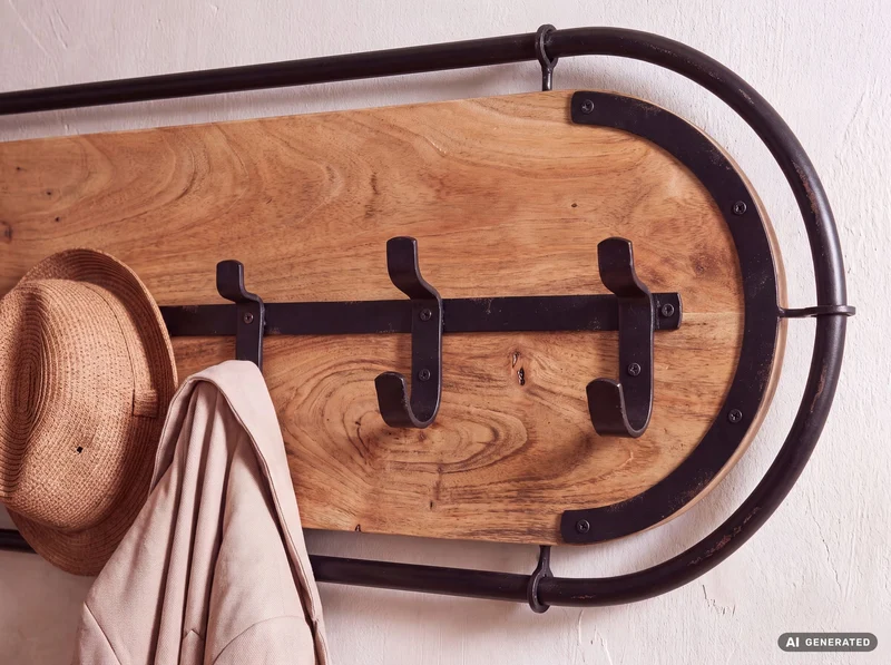 Wandgarderobe Akazie Massivholz 120 cm mit 6 Haken, Metallrahmen