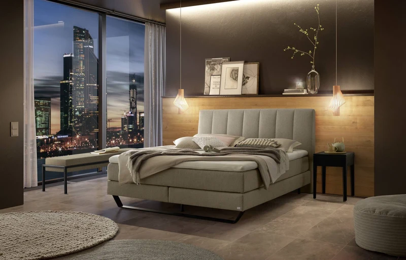 Hasena Boxspringbett Ambra Schwarz mit Bezug Pace Sand und Metallkufen