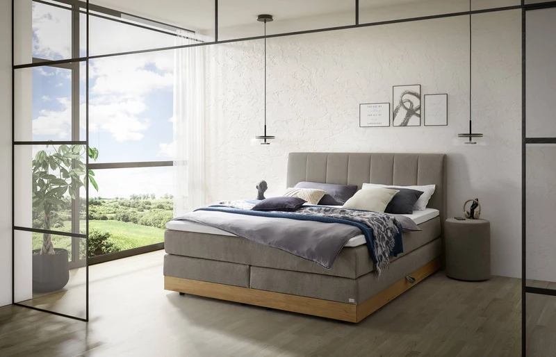 Hasena Boxspringbett Pedrosa mit Stauraum, Eiche bright & Bezug Pace grey
