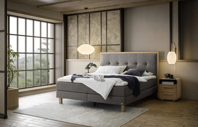 Hasena Boxspringbett Solara Eiche bright mit Bezug Pace grey und Matratze