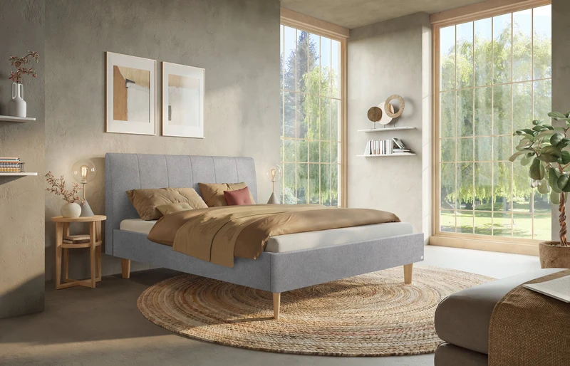 Hasena Polsterbett Leonor Eiche bright mit Bezug Pace light grey