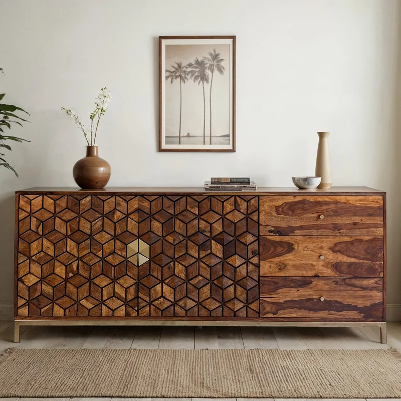 Sideboard Sheesham Massivholz 180cm 2 Türen 3 Schubladen Goldgestell