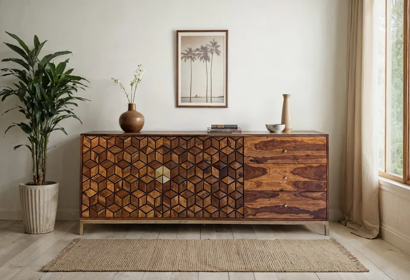 Sideboard Sheesham Massivholz 180cm 2 Türen 3 Schubladen Goldgestell