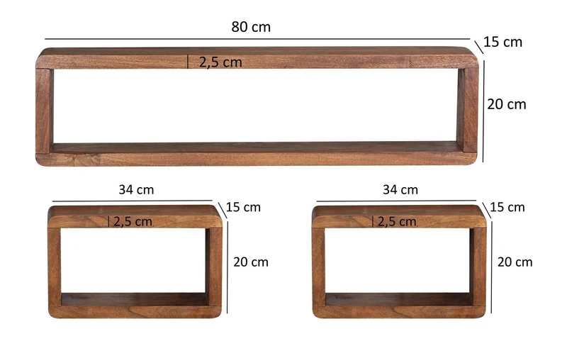 Standregale 3er Set Sheesham Massivholz Würfelregal Wohnling