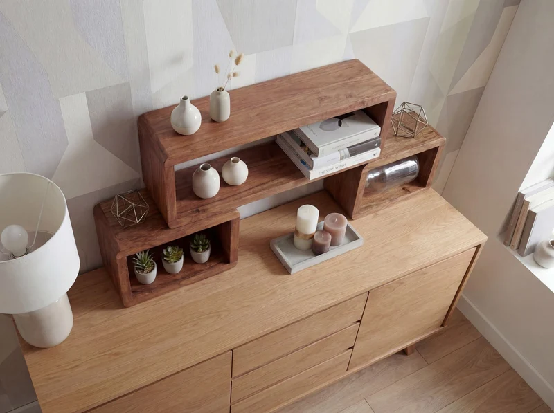 Standregale 3er Set Sheesham Massivholz Würfelregal Wohnling