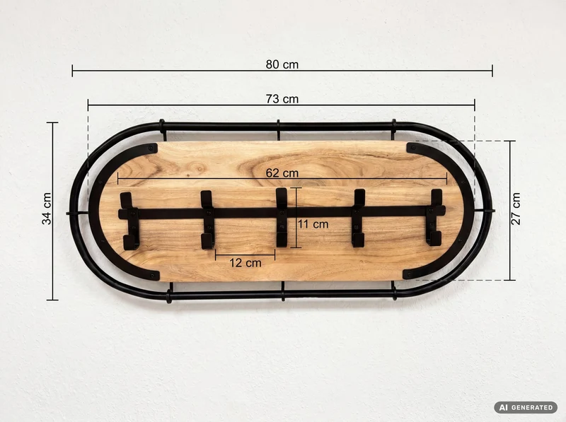 Wandgarderobe Akazie Massivholz 80 cm mit 5 Doppelhaken von Wohnling