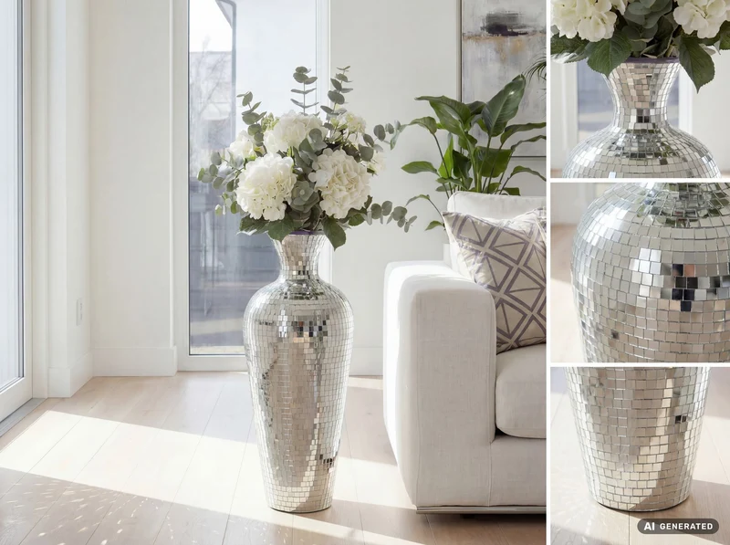 Bodenvase Mosaik Silber 70 cm XXL Standvase im Disco-Kugel-Design