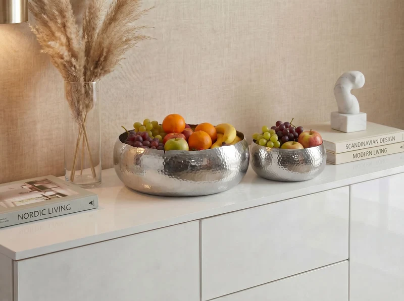 Obstschale Hammerschlag 2er-Set Silber, rund aus Aluminium