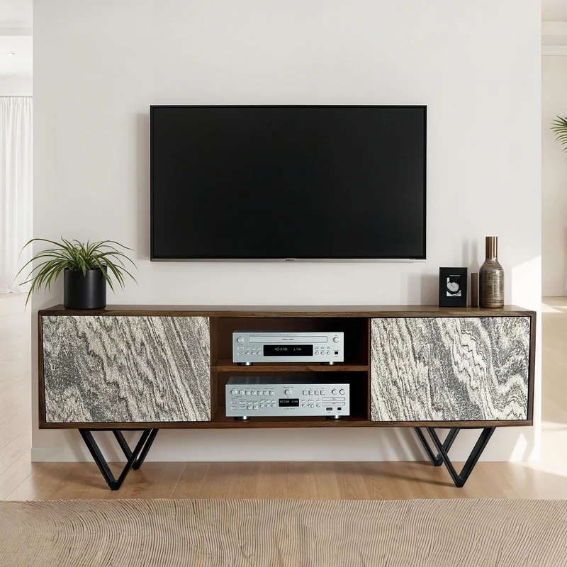 Lowboard Sheesham Massivholz 150cm TV-Kommode Steinoptik Weiß Modern