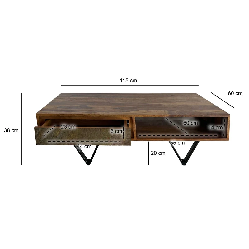 Couchtisch Sheesham 115cm 2 Schubladen Ablage Steinoptik Metall Schwarz