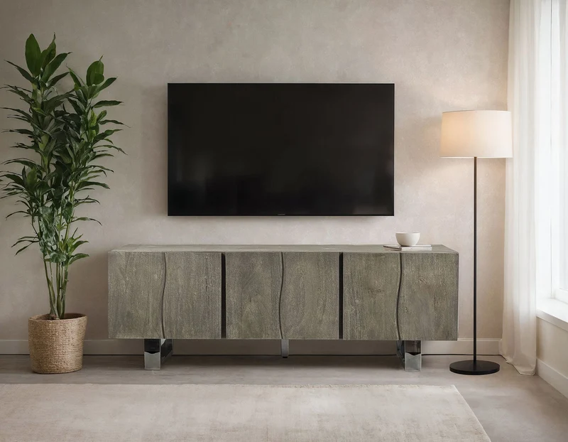 Lowboard Akazie Massiv 160cm TV-Kommode 3 Türen Grau Metallbeine