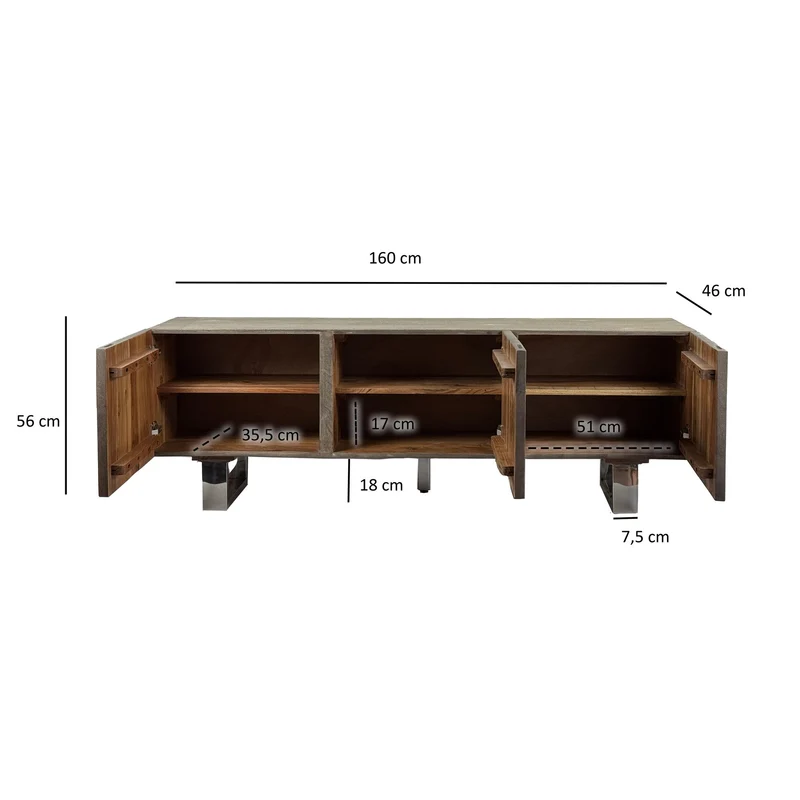 Lowboard Akazie Massiv 160cm TV-Kommode 3 Türen Grau Metallbeine