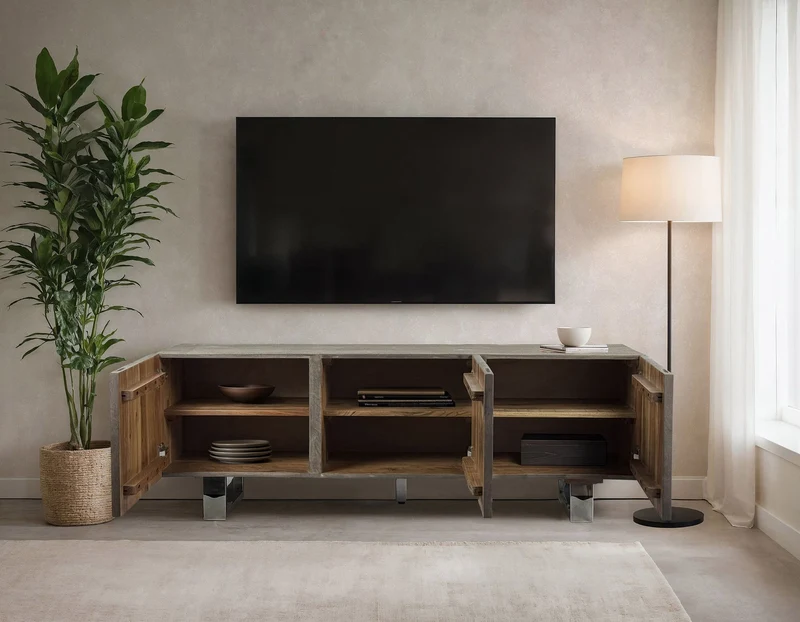 Lowboard Akazie Massiv 160cm TV-Kommode 3 Türen Grau Metallbeine