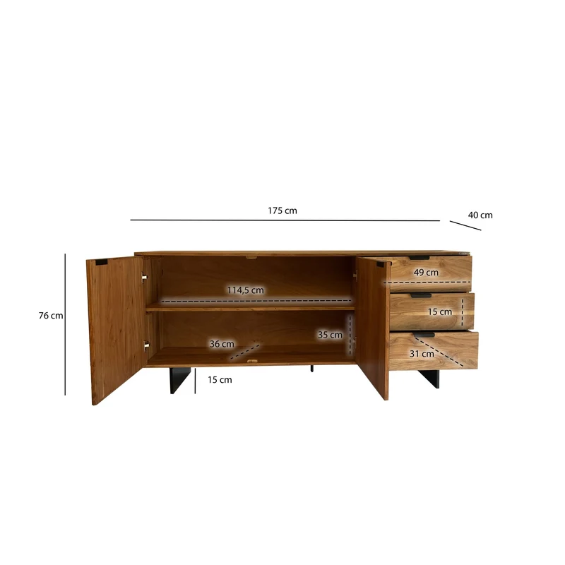 Sideboard Akazie Massivholz 175x76x40cm Steinoptik 2 Türen 3 Schubladen