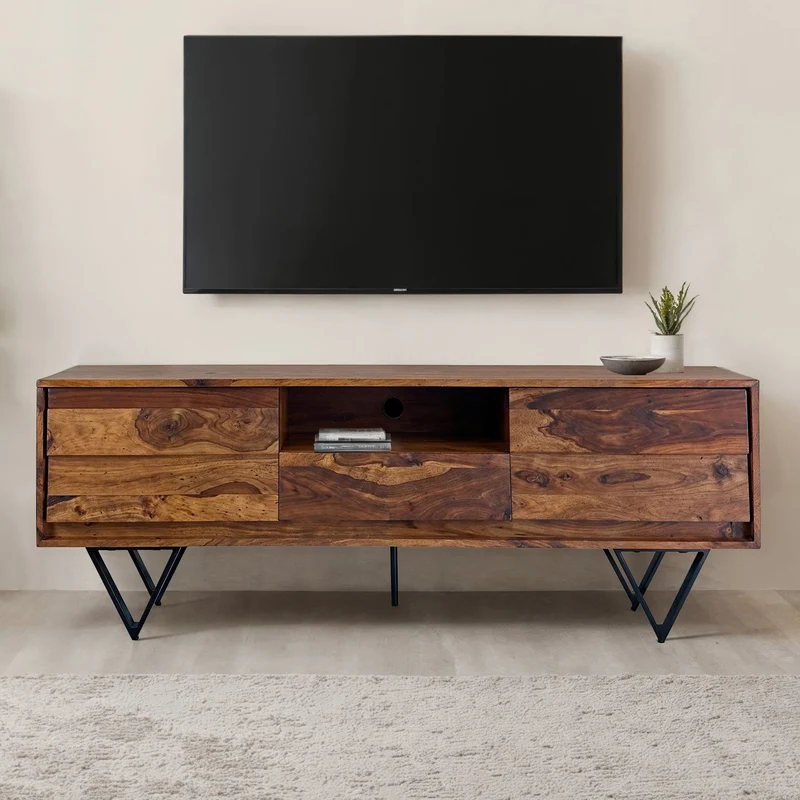 TV Lowboard Sheesham 160cm Türen Schublade Fach Metallfüße Industrial