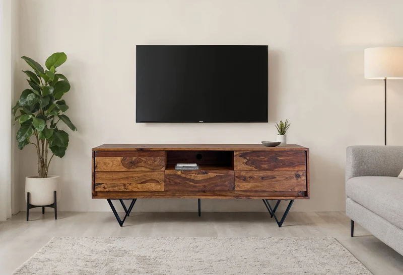 TV Lowboard Sheesham 160cm Türen Schublade Fach Metallfüße Industrial
