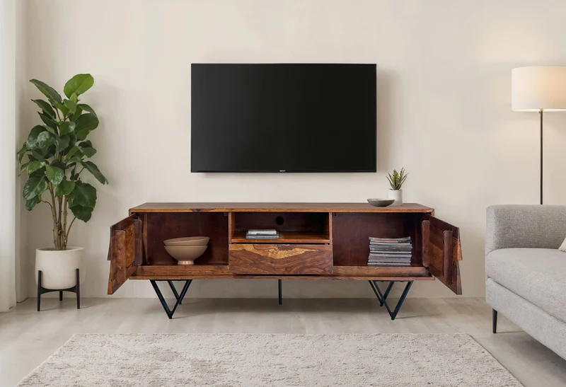 TV Lowboard Sheesham 160cm Türen Schublade Fach Metallfüße Industrial