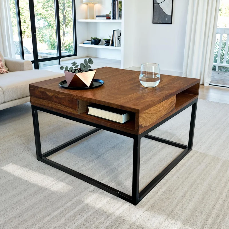 Couchtisch Sheesham Massivholz Metall 60x60x40cm mit Stauraum Modern