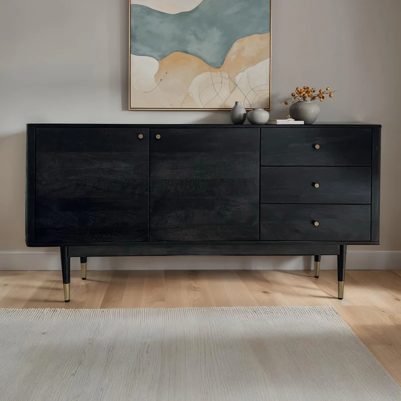 Sideboard Akazie Massivholz 160x81x42cm Schwarz Modern 2 Türen 3 Schubladen
