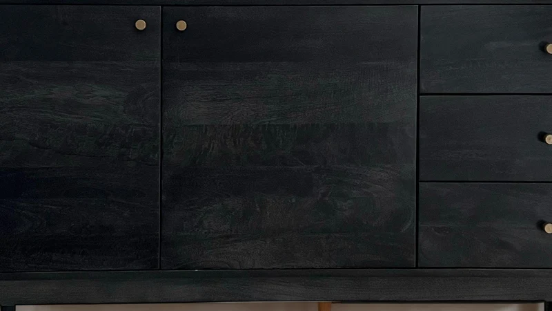 Sideboard Akazie Massivholz 160x81x42cm Schwarz Modern 2 Türen 3 Schubladen