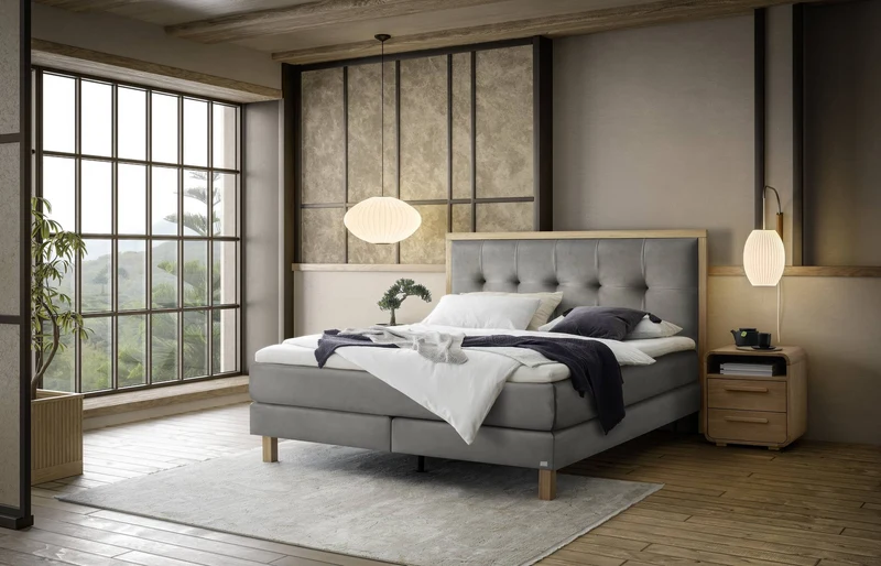 Hasena Boxspringbett Solara in Eiche bright mit Bezug Monet Steel