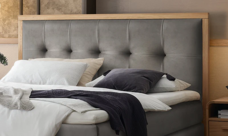 Hasena Boxspringbett Solara in Eiche bright mit Bezug Monet Steel