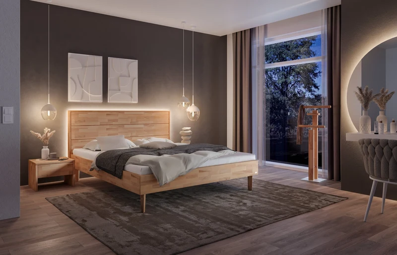 Hasena Massivholzbett Sansano Luce Bergamo Kernbuche mit LED-Lichtband