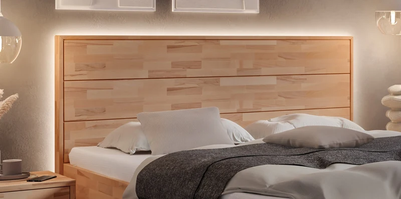 Hasena Massivholzbett Sansano Luce Bergamo Kernbuche mit LED-Lichtband