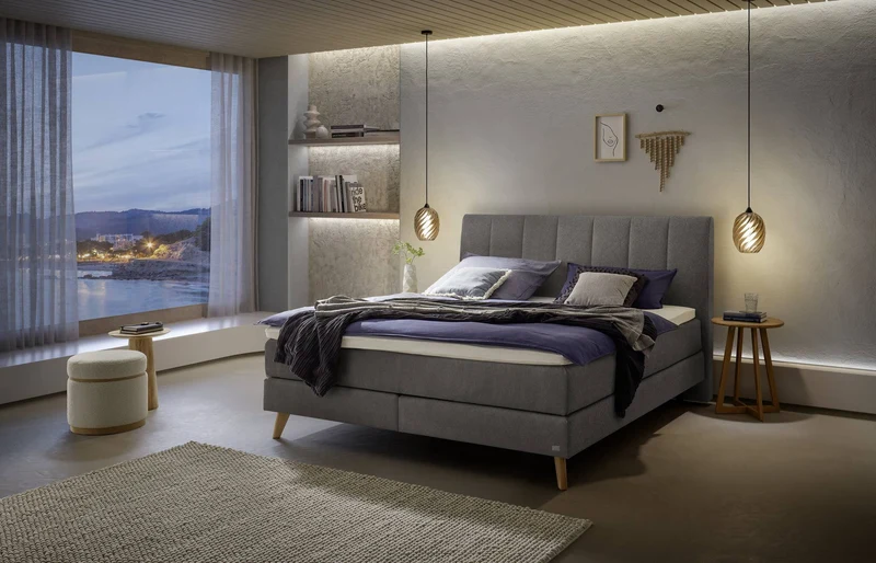 Hasena Boxspringbett Fernanda in Eiche bright mit Bezug Pace Grey