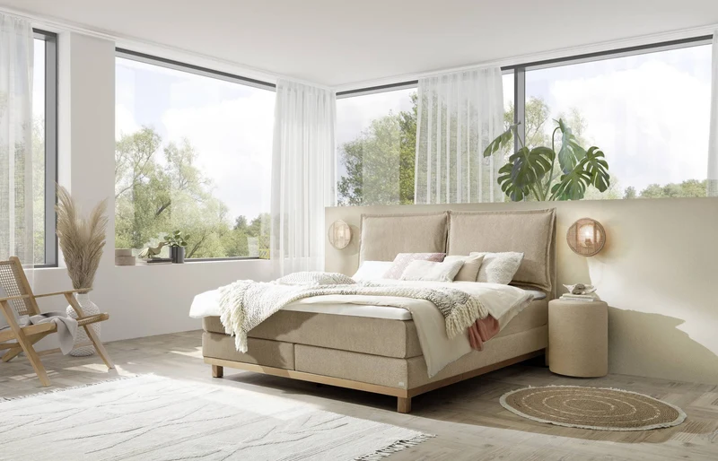 Hasena Boxspringbett Zamora aus Eiche Massivholz mit Bezug Pace sand