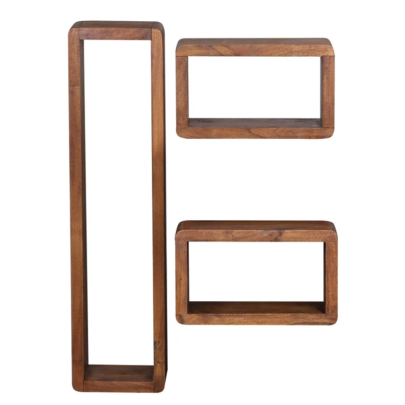 Wandregal 3er Set BOHA Sheesham Holz Landhausstil Viereckig