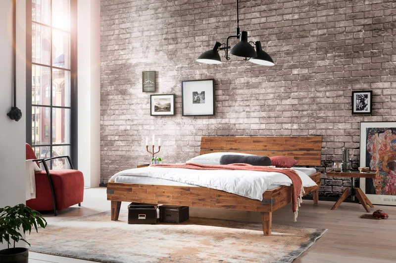 Hasena Aloa Massivholzbett aus Akazie Vintage Brown im Industrial-Look