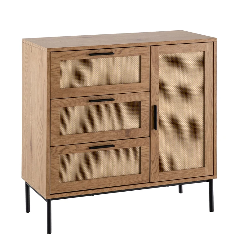 Kommode Eiche-Dekor Rattan 80x82x36cm 3 Schubladen Tür Modern