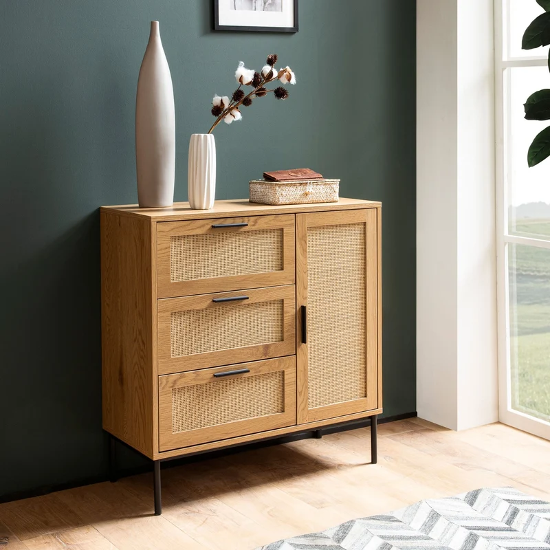 Kommode Eiche-Dekor Rattan 80x82x36cm 3 Schubladen Tür Modern