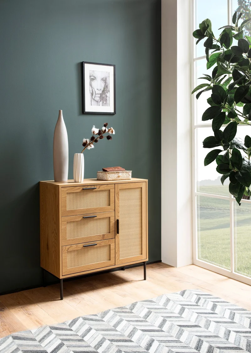 Kommode Eiche-Dekor Rattan 80x82x36cm 3 Schubladen Tür Modern