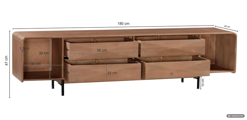 Lowboard Mango Massivholz 180 cm mit 4 Schubladen, TV-Kommode Handmade