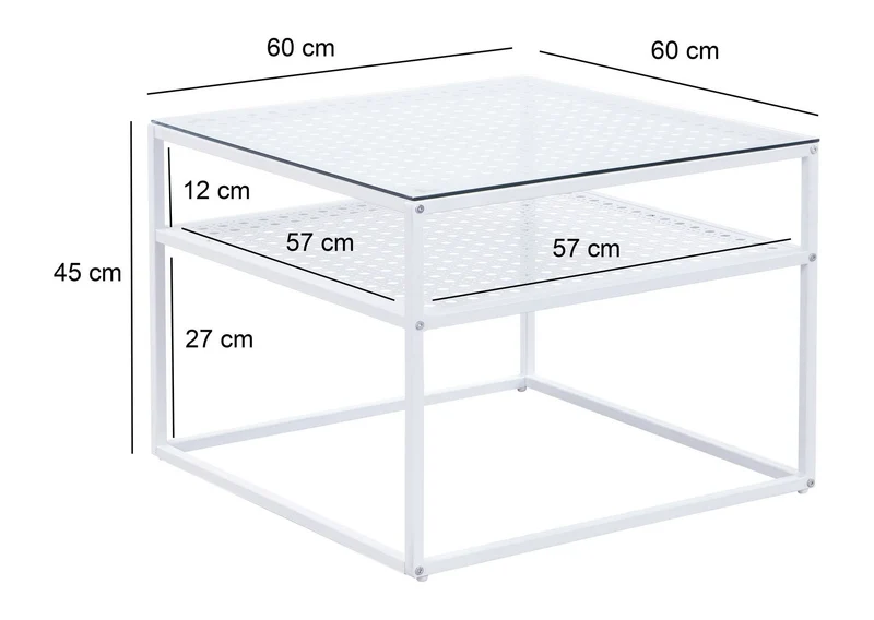 Wohnling Couchtisch Glas Metall Weiß, Quadratisch 60x60 cm mit Ablage