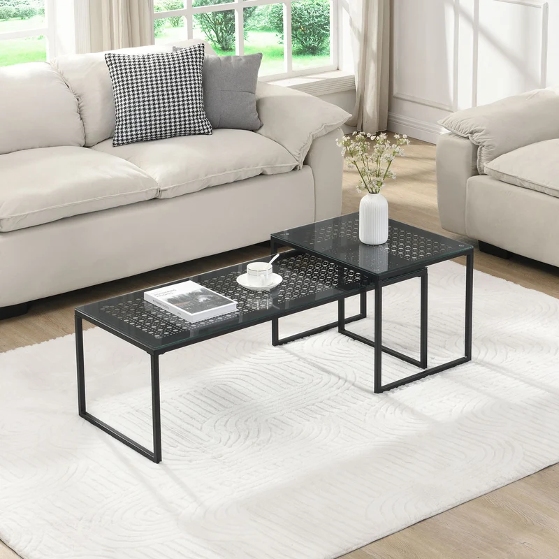 Wohnling Satztisch 2er-Set Glas & Metall Schwarz, Couchtisch modern