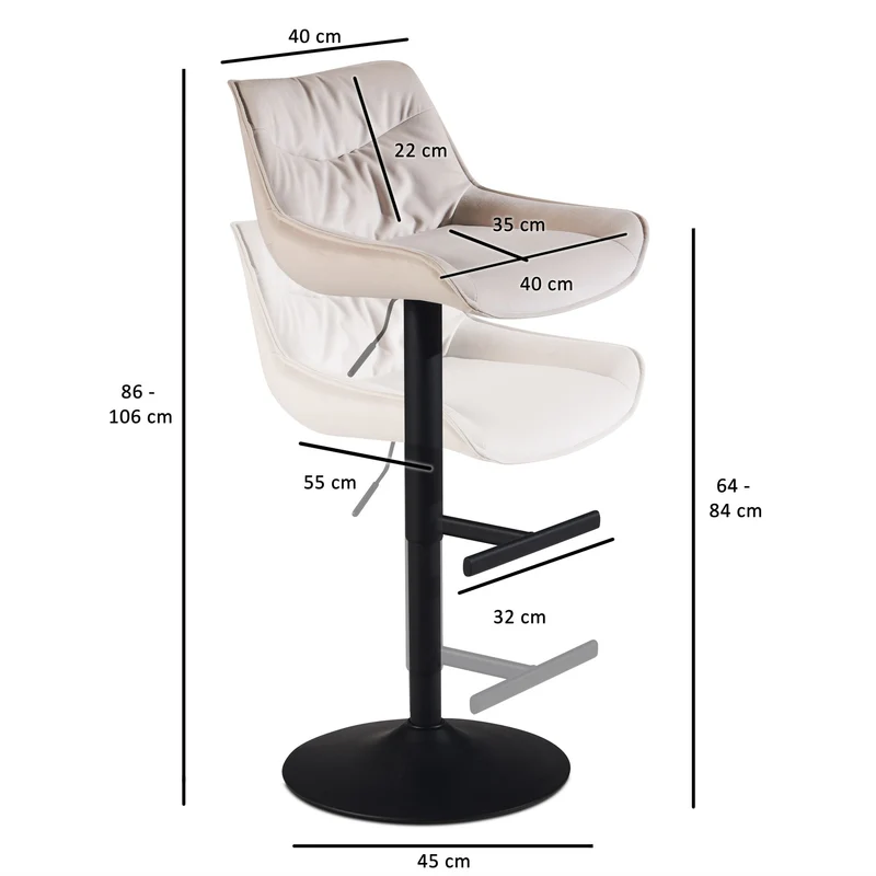 Barhocker Samt Beige höhenverstellbar 86-106cm Metallfuß gepolstert