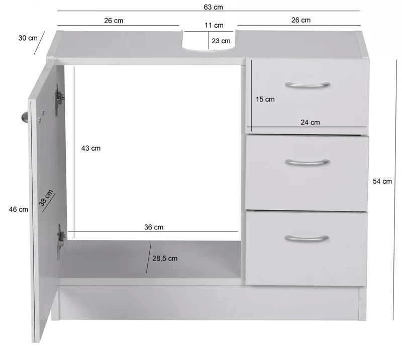 Waschbeckenunterschrank 54x63x30cm 1 Tür 3 Schubladen Weiß