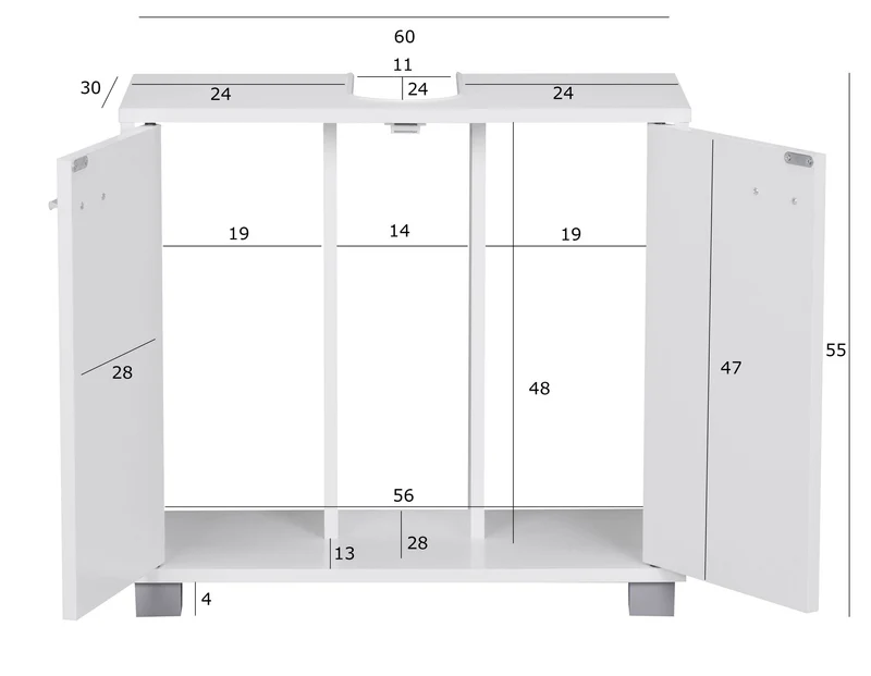 Waschbeckenunterschrank 60x55x30cm Weiß 2 Türen Bad Aufbewahrung