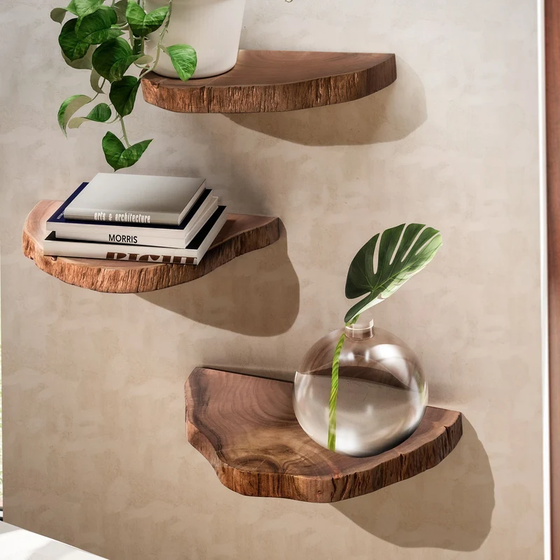 Wandregal 3er Set Akazie Vollholz Baumkante Natur Modern
