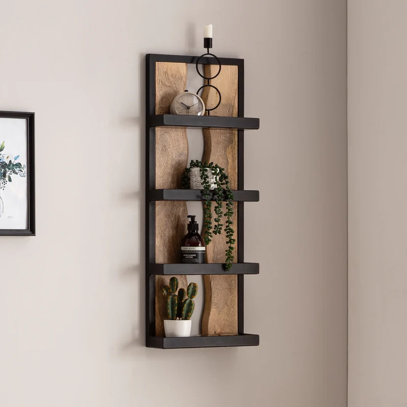 Wandregal 30x80x10cm Mango Massivholz Metall Industrial 4 Ablagen